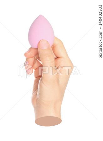 Woman hand holds cosmetic sponge, isolated on transparent background, cosmetics and visage concept. Contemporary art Woman hand holds cosmetic sponge, isolated on transparent background, cosmetics and visage concept. Contemporary art 140402933