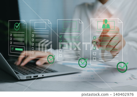checklist concept. Professional Workflow Illustrating Document Management and Digital Checklist on Laptop Screen in Modern Office Setting 140402976