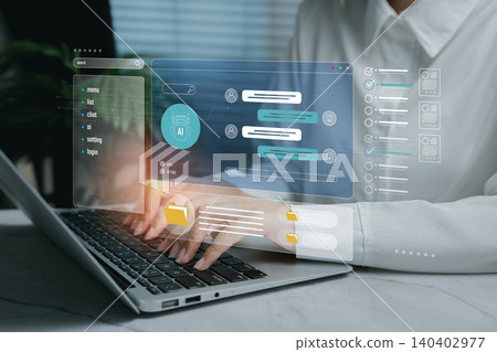 Ai concept. Modern Digital Interaction, User Engaging with Chat Interface on Laptop in Contemporary Workspace 140402977