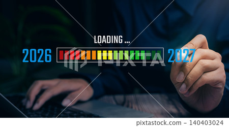 Road to 2027 business. Future Transition, digital loading progress bar between 2026 and 2027 on virtual interface, business transformation and innovation roadmap 140403024