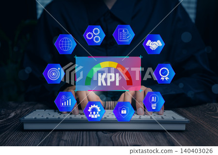 KPI Business. Performance Management, businessman using KPI dashboard and digital business icons on virtual interface, analytics optimization and strategic growth KPI Business. Performance Management, businessman using KPI dashboard and digital business icons on virtual interface, analytics optimization and strategic growth 140403026