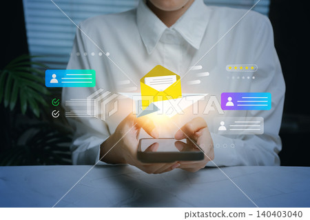 Email marketing concept. Person using smartphone with floating envelope notification and customer interface, digital communication system, online campaign, user engagement, business connection Email marketing concept. Person using smartphone with floating envelope notification and customer interface, digital communication system, online campaign, user engagement, business connection 140403040