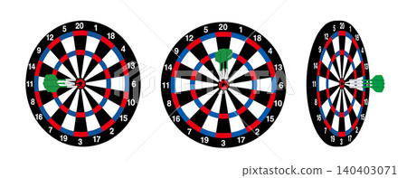 A dart set that hit the bullseye (front, diagonal, and side views). A dart set that hit the bullseye (front, diagonal, and side views). 140403071