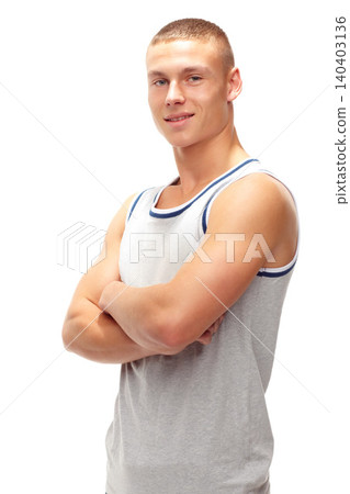 Portrait, tank top and man with arms crossed, fitness and athlete isolated on a white studio background. Face, person and model with confidence and healthy with wellness and workout with attitude Portrait, tank top and man with arms crossed, fitness and athlete isolated on a white studio background. Face, person and model with confidence and healthy with wellness and workout with attitude 140403136