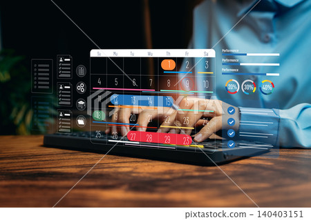 Digital Calendar Interface with Performance Metrics Displayed on Hands Typing at Laptop Desk, Business concept Digital Calendar Interface with Performance Metrics Displayed on Hands Typing at Laptop Desk, Business concept 140403151