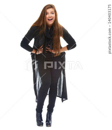 Portrait, fashion and surprise of woman with hands on hips for giveaway, prize or sale on clothing in white background. Excited, wow and face of model in studio for deal, shocking news or promotion. Portrait, fashion and surprise of woman with hands on hips for giveaway, prize or sale on clothing in white background. Excited, wow and face of model in studio for deal, shocking news or promotion. 140403175