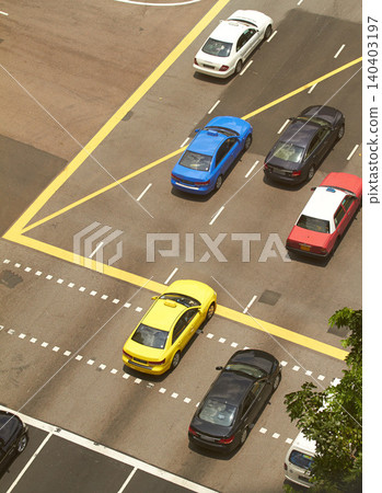 High angle of street, cars and parking lot for road infrastructure, transport and traffic flow. Aerial view of outdoor with driving and asphalt and lines or design for travel, car and street rules High angle of street, cars and parking lot for road infrastructure, transport and traffic flow. Aerial view of outdoor with driving and asphalt and lines or design for travel, car and street rules 140403197