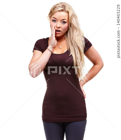 Woman, wow and shock in studio with portrait for news, information and story by white background. Girl, person and model with surprise, gasp and fashion with trendy clothes, announcement or mistake Woman, wow and shock in studio with portrait for news, information and story by white background. Girl, person and model with surprise, gasp and fashion with trendy clothes, announcement or mistake 140403229