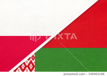 Poland and Belarus national flags on fabric background, international partnership and cooperation between two countries 140403286
