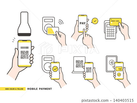 一套用於無現金支付的插圖（黃色、觸控支付、信用卡、二維碼支付）。 140403515