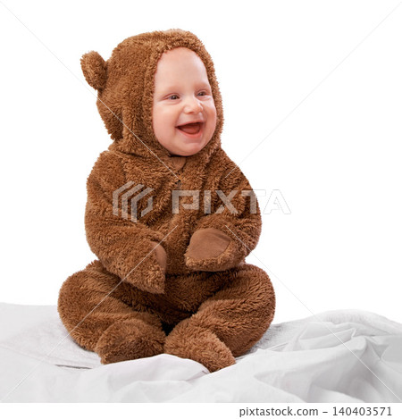 Studio, toddler and onesie with costume, bear and child with joy and fun. Baby, newborn and happiness with adorable, comfort and dressed up infant for development isolated on white background 140403571