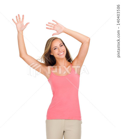 Smile, portrait and woman with dance in studio for success, celebration and giveaway winner. Female person, excited and face with happiness for promotion, bonus or discount on white background Smile, portrait and woman with dance in studio for success, celebration and giveaway winner. Female person, excited and face with happiness for promotion, bonus or discount on white background 140403586