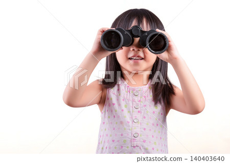 Curious little Asian girl looking through binoculars, concept of vision, future, searching and discovery. 140403640