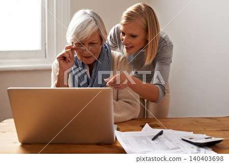 Granddaughter, grandmother and help with laptop for online payment, finance and technology with advice on budget. Women pay bills, life insurance or tax paperwork with retirement and assistance Granddaughter, grandmother and help with laptop for online payment, finance and technology with advice on budget. Women pay bills, life insurance or tax paperwork with retirement and assistance 140403698