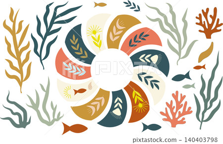 Abstract nautical circle frame wreath with seaweed fishes and corals in bold boho style Abstract nautical circle frame wreath with seaweed fishes and corals in bold boho style 140403798
