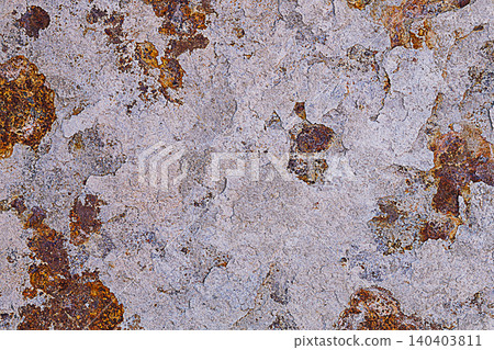 The background of an old metal sheet, a layer of hardened mortar stuck to it, through which rusty red areas of iron oxide appear. Building Materials, Weathering, Wear Protection The background of an old metal sheet, a layer of hardened mortar stuck to it, through which rusty red areas of iron oxide appear. Building Materials, Weathering, Wear Protection 140403811