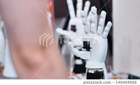 White robotic hand prototype with articulated fingers at a technology lab White robotic hand prototype with articulated fingers at a technology lab 140404088