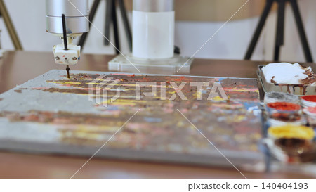 Robot arm painting abstract artwork on canvas, exploring artificial intelligence creativity Robot arm painting abstract artwork on canvas, exploring artificial intelligence creativity 140404193