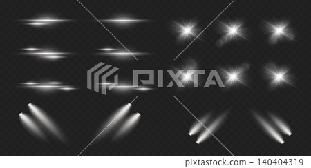 Various luminous elements including horizontal light streaks, starbursts, and spotlights on dark background Various luminous elements including horizontal light streaks, starbursts, and spotlights on dark background 140404319