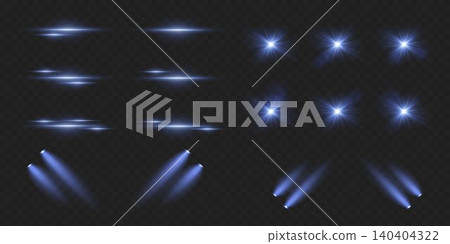 Collection of blue light overlays with starbursts, streaks, and spotlights for graphic design 140404322