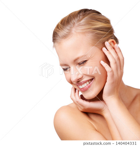 Happy woman, makeup and beauty with skincare, cosmetics or facial treatment on a white studio background. Face of young female person or model with smile in satisfaction for hygiene on mockup space 140404331