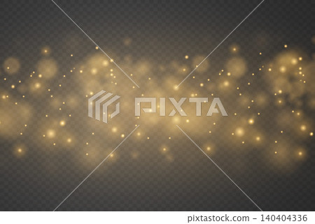 Golden dust particles and glittering bokeh lights creating a magical shimmering effect on a transparent background 140404336
