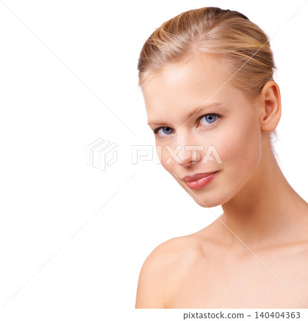 Happy woman, portrait and makeup with beauty cosmetics for skincare or facial treatment on a white studio background. Face of young female person or model in satisfaction for facial on mockup space Happy woman, portrait and makeup with beauty cosmetics for skincare or facial treatment on a white studio background. Face of young female person or model in satisfaction for facial on mockup space 140404363