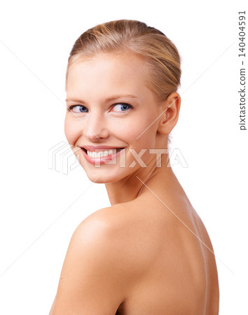 Skincare, smile and thinking with makeup woman in studio isolated on white background for body care from back. Beauty, aesthetic and idea with confident young person at salon for cosmetic dermatology Skincare, smile and thinking with makeup woman in studio isolated on white background for body care from back. Beauty, aesthetic and idea with confident young person at salon for cosmetic dermatology 140404591