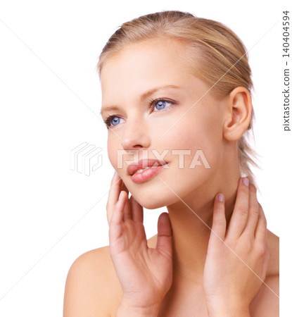 Skincare, wellness and woman in studio with beauty, natural and face routine for health. Mockup, cosmetic and young female person from Australia with facial dermatology treatment by white background. Skincare, wellness and woman in studio with beauty, natural and face routine for health. Mockup, cosmetic and young female person from Australia with facial dermatology treatment by white background. 140404594