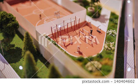 Miniature basketball players competing on a small court, symbolizing teamwork and sport Miniature basketball players competing on a small court, symbolizing teamwork and sport 140404602