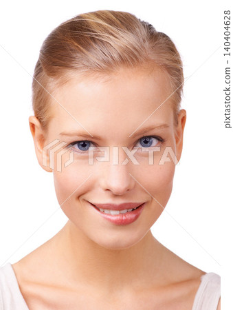 Portrait, beauty and woman biting lip in studio isolated on white background for natural confidence. Face, skincare and makeup with young feminine person closeup at salon for cosmetics or dermatology 140404628