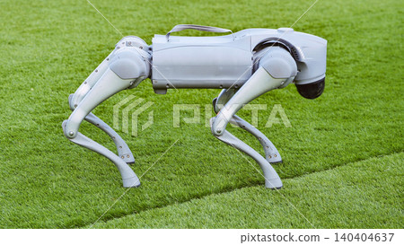Quadruped robot dog standing on artificial grass, symbolizing innovation and future Quadruped robot dog standing on artificial grass, symbolizing innovation and future 140404637