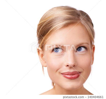 Face, beauty and thinking with aesthetic woman in studio isolated on white background for self care. Skincare, idea and blue eyes with young person closeup at salon for cosmetics or dermatology 140404661