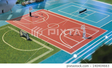 Miniature city planning showing various sports courts and tiny people on a basketball court 140404663