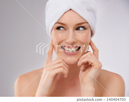 Happy, woman and thinking about skincare for beauty and healthy dermatology in studio background. Girl, smile and model laughing with glow on skin from facial, cosmetics or ideas for self care Happy, woman and thinking about skincare for beauty and healthy dermatology in studio background. Girl, smile and model laughing with glow on skin from facial, cosmetics or ideas for self care 140404705