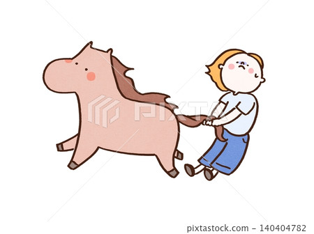 A man desperately pulls on a running horse by its tail. 140404782