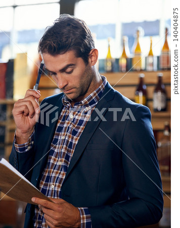 Restaurant, thinking or man with stock, checklist for small business logistics, inventory or menu on clipboard. Startup, pub ideas or manager with sale price for retail order in diner cafe or bar Restaurant, thinking or man with stock, checklist for small business logistics, inventory or menu on clipboard. Startup, pub ideas or manager with sale price for retail order in diner cafe or bar 140404875
