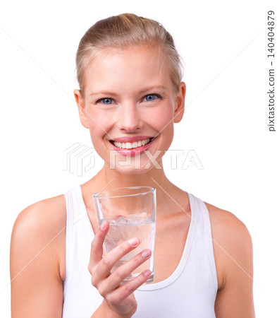 Portrait, woman and health with water glass, smile and happy on white background. Young female, nutrition and wellness goals in studio for hydrate, refresh and thirst for detox and happiness Portrait, woman and health with water glass, smile and happy on white background. Young female, nutrition and wellness goals in studio for hydrate, refresh and thirst for detox and happiness 140404879