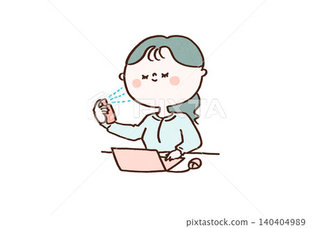A woman sprays facial mist while working on her PC (a measure to combat dry skin in the office). A woman sprays facial mist while working on her PC (a measure to combat dry skin in the office). 140404989