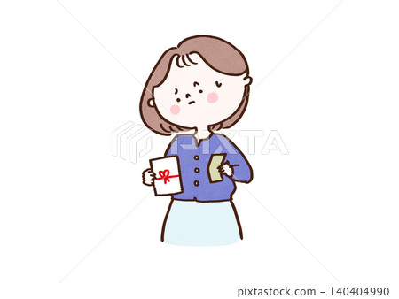 A woman with a troubled expression, holding a gift envelope and banknotes in both hands, tilting her head (worried about being broke from wedding gifts or the amount of money to give as New Year's gifts). A woman with a troubled expression, holding a gift envelope and banknotes in both hands, tilting her head (worried about being broke from wedding gifts or the amount of money to give as New Year's gifts). 140404990