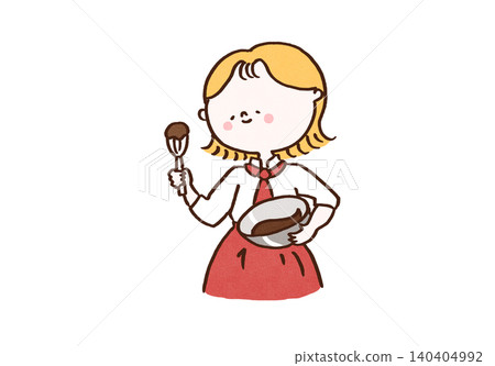 A female pastry chef smiles as she mixes chocolate in a bowl (baking, Valentine's Day). 140404992