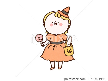 A girl dressed as a witch goes around collecting candy (Halloween trick-or-treating). A girl dressed as a witch goes around collecting candy (Halloween trick-or-treating). 140404996
