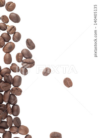 Coffee beans are piled on a white background, scattered across an empty space Coffee beans are piled on a white background, scattered across an empty space 140405135
