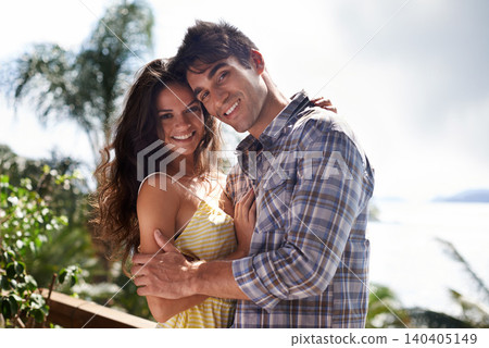 Hug, vacation and portrait of couple with smile from happiness for sun in outdoor adventure. Partners, man and woman together for break in Jamaica for anniversary of romance, love and dating 140405149