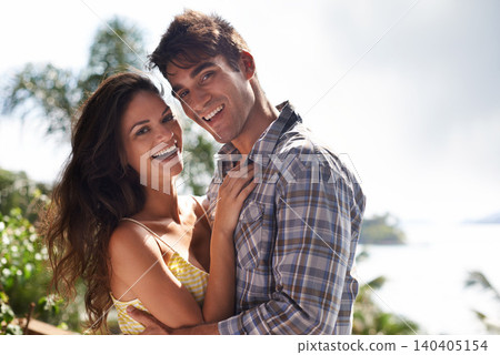 Portrait, tropical and adventure for couple with smile from happiness for sun in outdoor vacation. Partners, man and woman together for break in Jamaica for anniversary of romance, love and dating Portrait, tropical and adventure for couple with smile from happiness for sun in outdoor vacation. Partners, man and woman together for break in Jamaica for anniversary of romance, love and dating 140405154