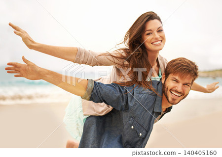 Airplane, smile and couple with piggyback by ocean in summer for adventure, travel and freedom on vacation in California. Portrait, beach and happy with face for fun on holiday, trip or date together Airplane, smile and couple with piggyback by ocean in summer for adventure, travel and freedom on vacation in California. Portrait, beach and happy with face for fun on holiday, trip or date together 140405160