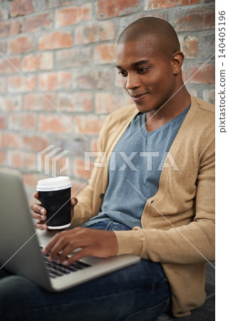 Man, coffee and student on laptop in outdoors, e learning and online course for studying on tech. Black male person, latte and university website for education, wall background and internet for email Man, coffee and student on laptop in outdoors, e learning and online course for studying on tech. Black male person, latte and university website for education, wall background and internet for email 140405196