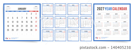 2027 Calendar Planner Template, Monthly and Annual Calendar Layout, Week Starts on Monday, Modern Blue Business Wall Desk Calendar Vector Design 2027 Calendar Planner Template, Monthly and Annual Calendar Layout, Week Starts on Monday, Modern Blue Business Wall Desk Calendar Vector Design 140405238