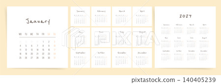 2027 Calendar Planner Template, Set of 12 Monthly Calendar Pages, Week Starts on Monday, Minimal Handwritten Simple Vector Design 140405239