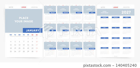 2027 Calendar Planner Template with Photo Placeholder, Set of 12 Monthly Calendar Pages, Week Starts on Monday, Modern Corporate Vector Design 2027 Calendar Planner Template with Photo Placeholder, Set of 12 Monthly Calendar Pages, Week Starts on Monday, Modern Corporate Vector Design 140405240